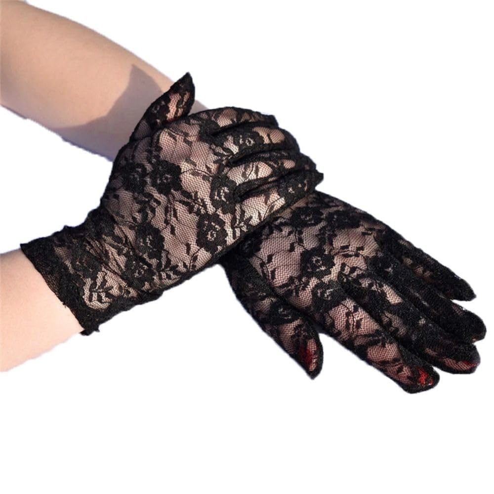 Sunscreen Driving Gloves Elegant Transparent Lace Flower Gloves Sweet Short Summer Mittens Riding(black)