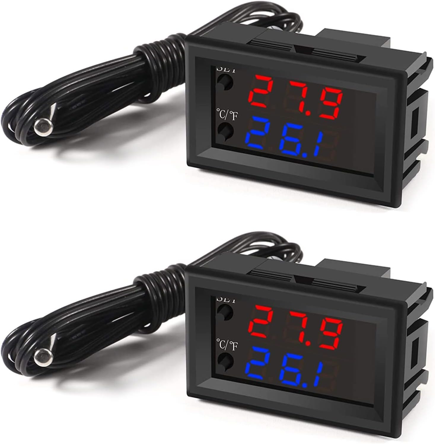 UMLIFE 2PCS Temperature Controller -50 to 110 Celsius (-58 to 230 F) DC 12V Programmable Heating/Cooling Thermostat Control Switch Module NTC Waterproof Sensor Probe Dual Color LED Display Monitor
