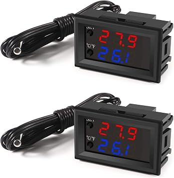 UMLIFE 2PCS Temperature Controller -50 to 110 Celsius -58 to 230 F DC 12V Programmable Heating/Cooling Thermostat Control Switch Module NTC Waterproof Sensor Probe Dual Color LED Display Monitor