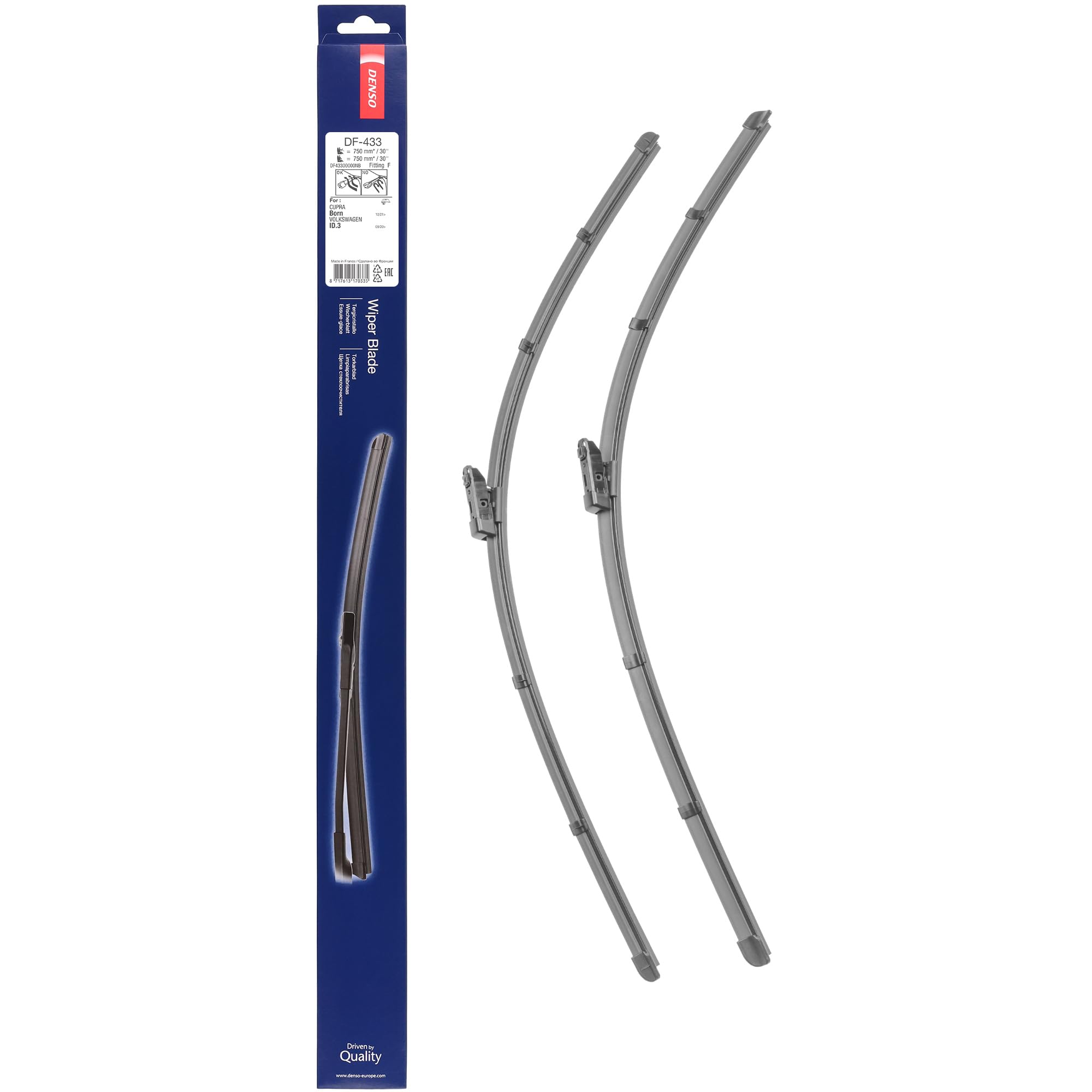 Kit Spazzole Tergicristallo Flat DENSO (DF-433) Contiene 2 Pezzi per Veicoli con Guida a Sin/Des, 750/750 mm, Tergicristallo Silenzioso e Durevole con Design Aerodinamico - Qualità OE | Compatibile con: CUPRA BORN, VW ID.3