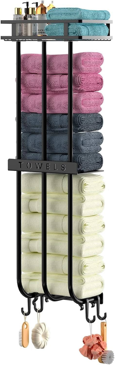 Towel Racks with Metal Storage Shelves Shelf for Rolled Towels, 3 Bar Towel Storage for Bathroom Wall Mounted, Towel Organizer for Folded Large Towel Washcloths, Bath Towel Holder Shelf with 4 Hooks Black