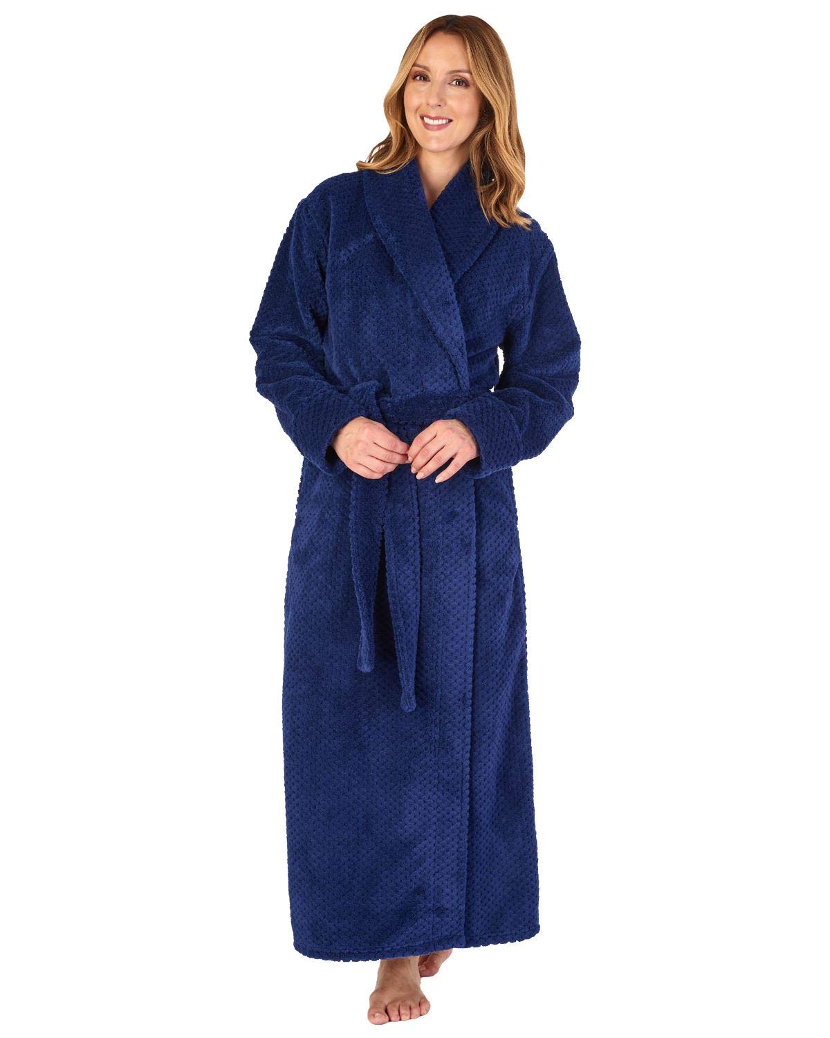 Slenderella Women's Navy Shawl Collar Wrap Dressing Gown Waffle Fleece Long Bath Robe Medium (Navy)