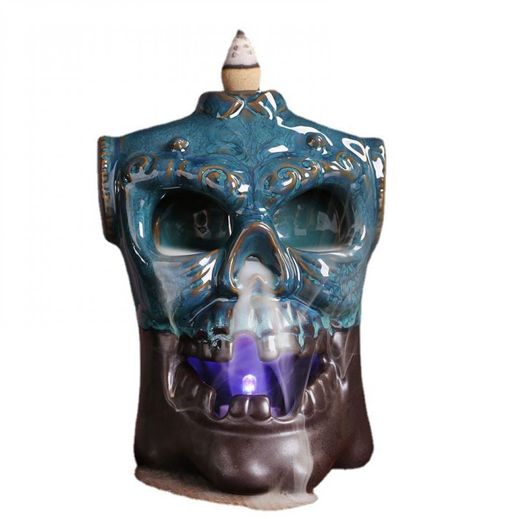 Incense Waterfall Burner Skull Backflow Ceramic Incense Holder, Incense Fountain with Incense Cone Sticks Holder Backflow Incense Cones Incense Sticks Mat Tweezer for Indoor Meditation Yoga