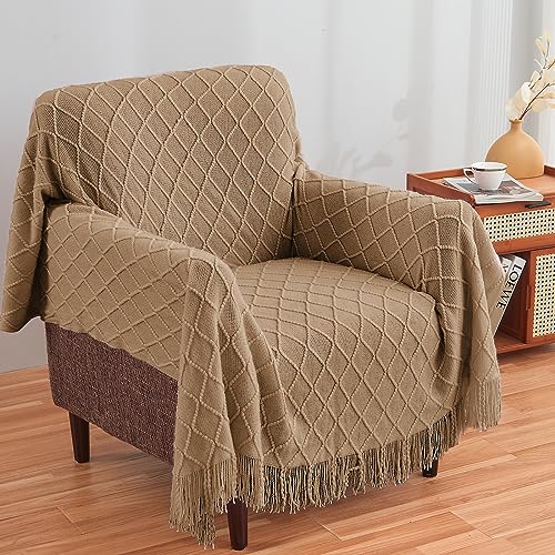 inhand Knitted Throw Blankets for Couch and Bed, Soft Cozy Knit Blanket with Tassel, Khaki Lightweight Decorative Blankets and Throws, Farmhouse Warm Woven Blanket for Men and Women, 50"x60"