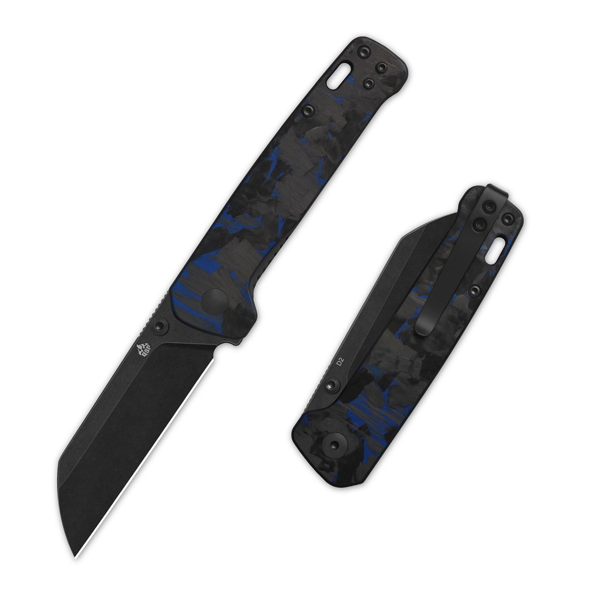 QSP Penguin V2 Folding Pocket Knife, 3.06" D2 Black Stonewash Blade EDC Knife, Blue Shredded CF Overlay G10 Handle, Liner Lock, Ceramic Ball Bearings, Reversible SS Deep Carry Clip
