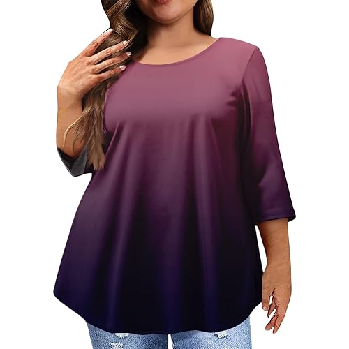 Women's Plus Size Tops 3/4 Sleeve Tees Shirts Print Tunic Blouses O Neck Casual Outfits Loose Fit Pullover