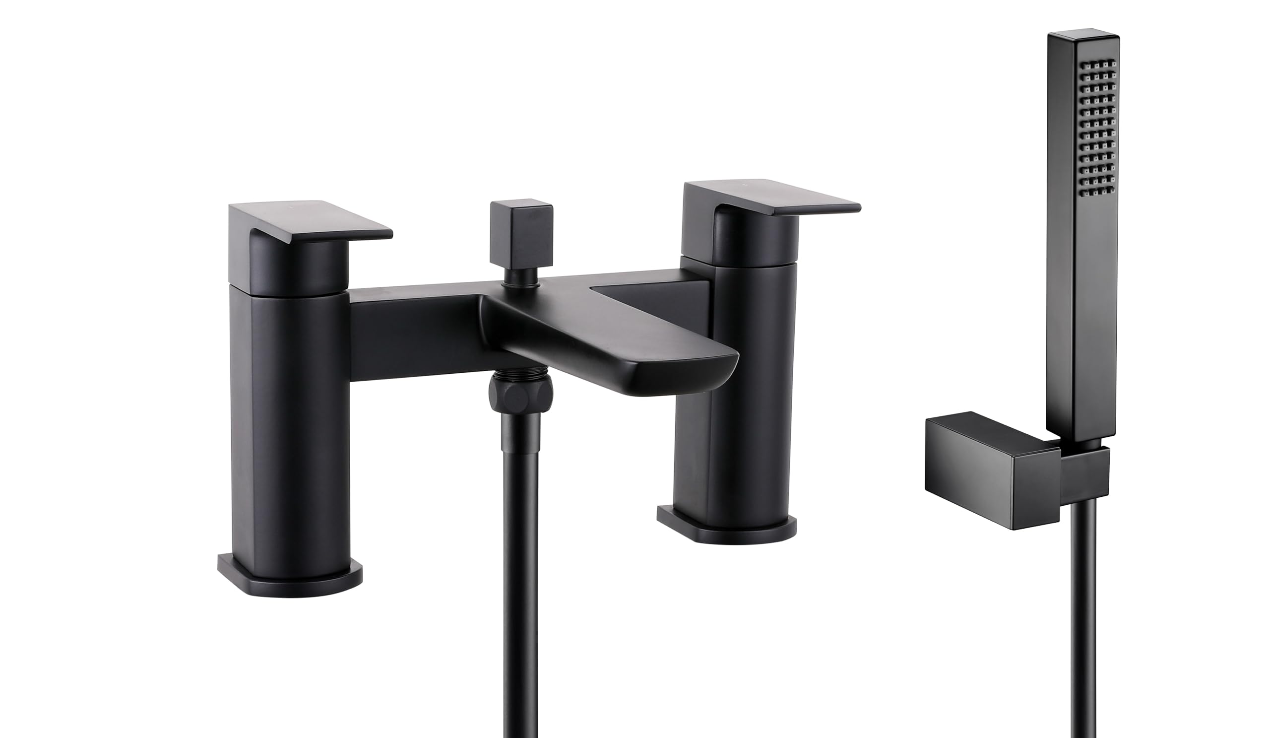 VeeBath Lagoon Soft Square Bath Shower Mixer – Matt Black Finish with Square Showerhead, Dual Lever Control, G3/4" BSP Inlet, Deck Mounted Bathroom Taps with Shower