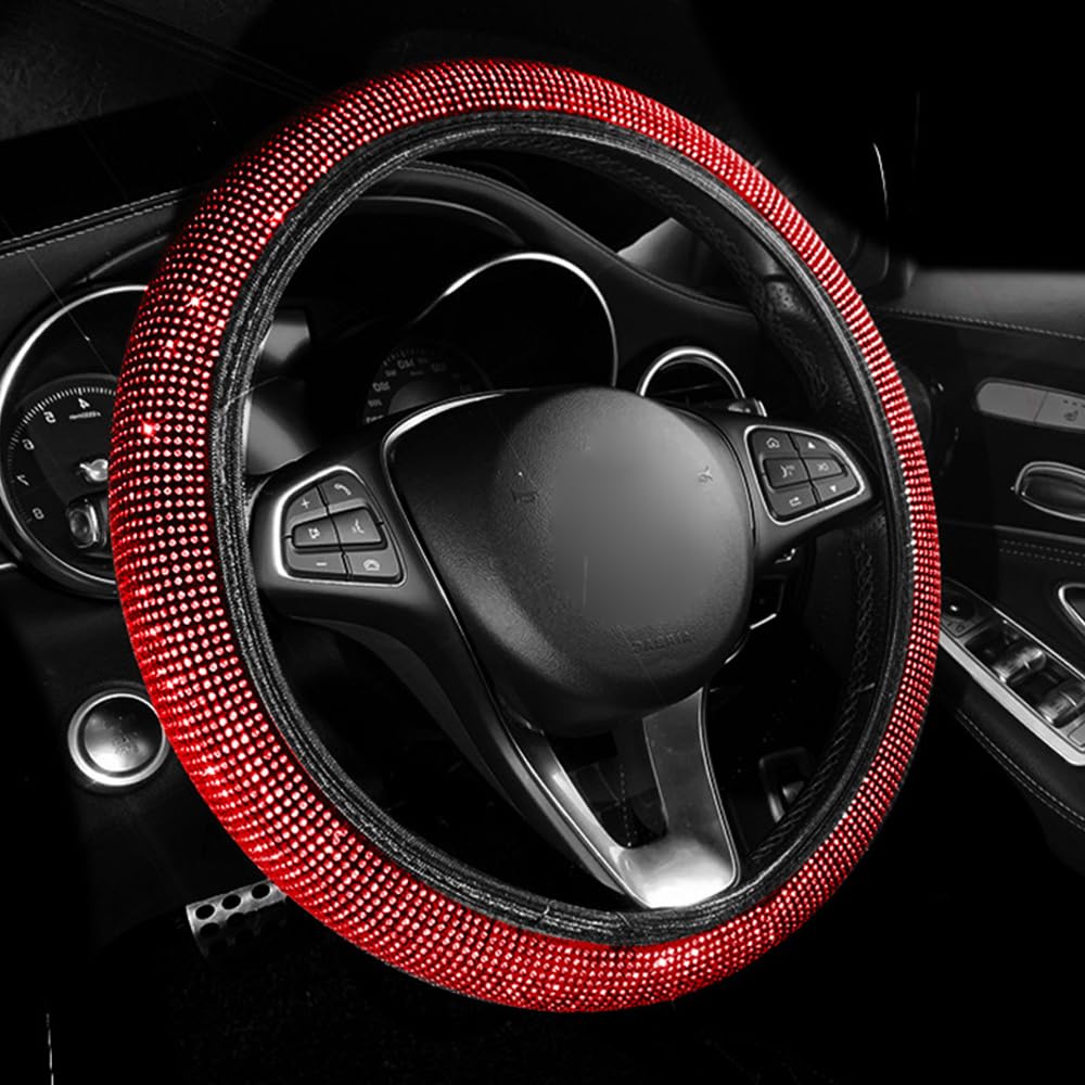 Baceyong Set Accessori Auto Rosso Con Strass – Copri Volante, Cinture, Cambio E Sottobicchieri
