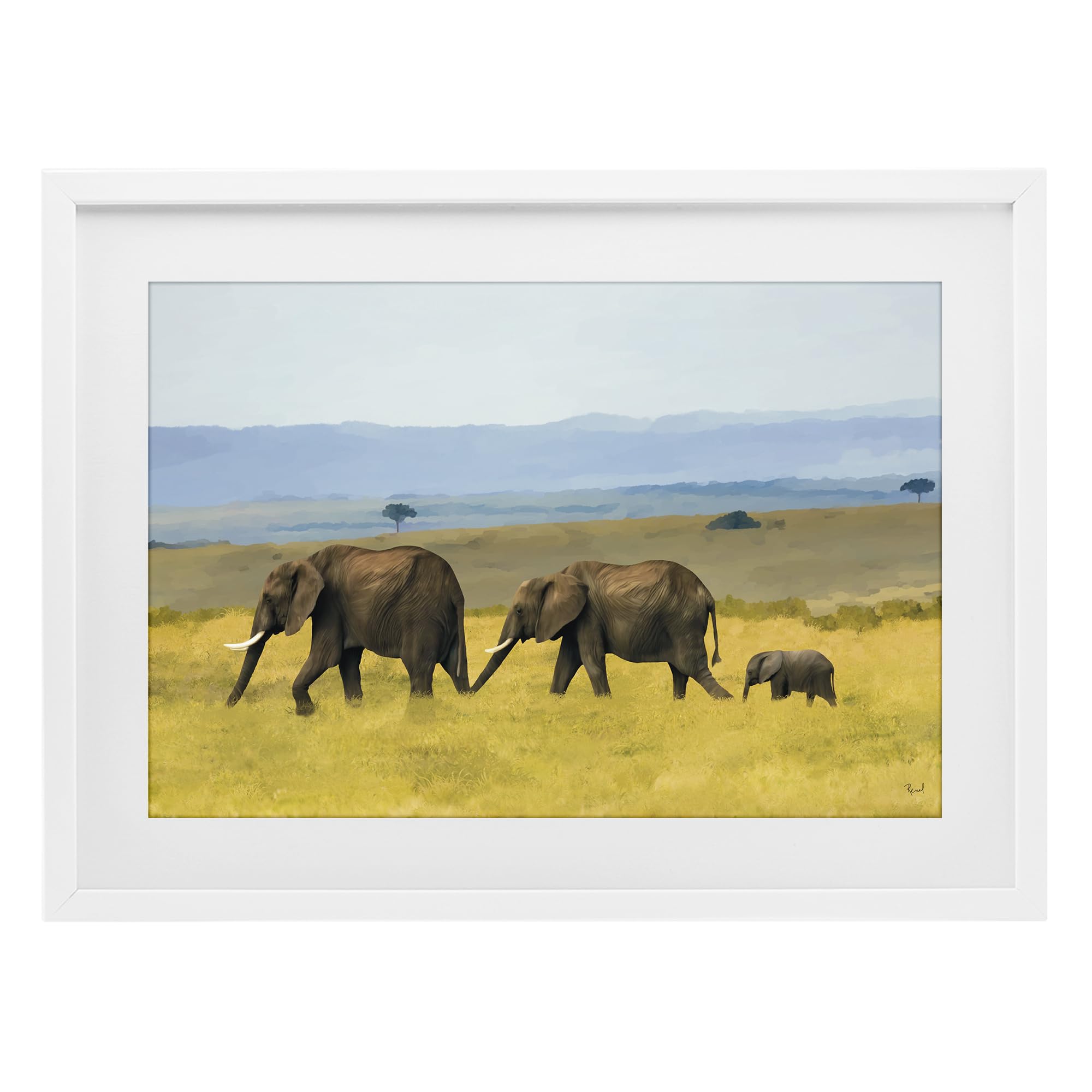 Elephants in the Grassland Safari, 17 x 23 Inch Framed Print Under Glass