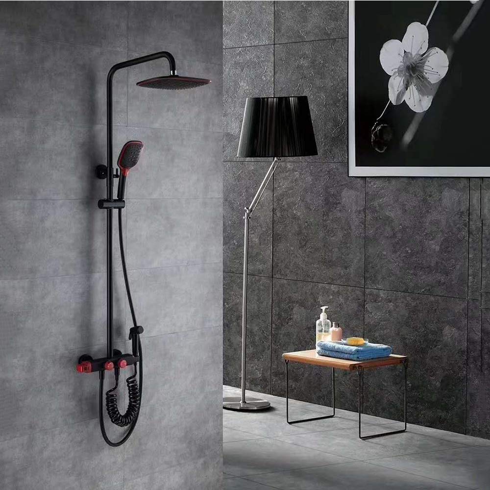 Sistema Doccia a Pioggia, Set Miscelatore Nero e Rosso, Rubinetto per Vasca a Parete con soffione, doccetta per Vasca, Bidet e doccetta combinata