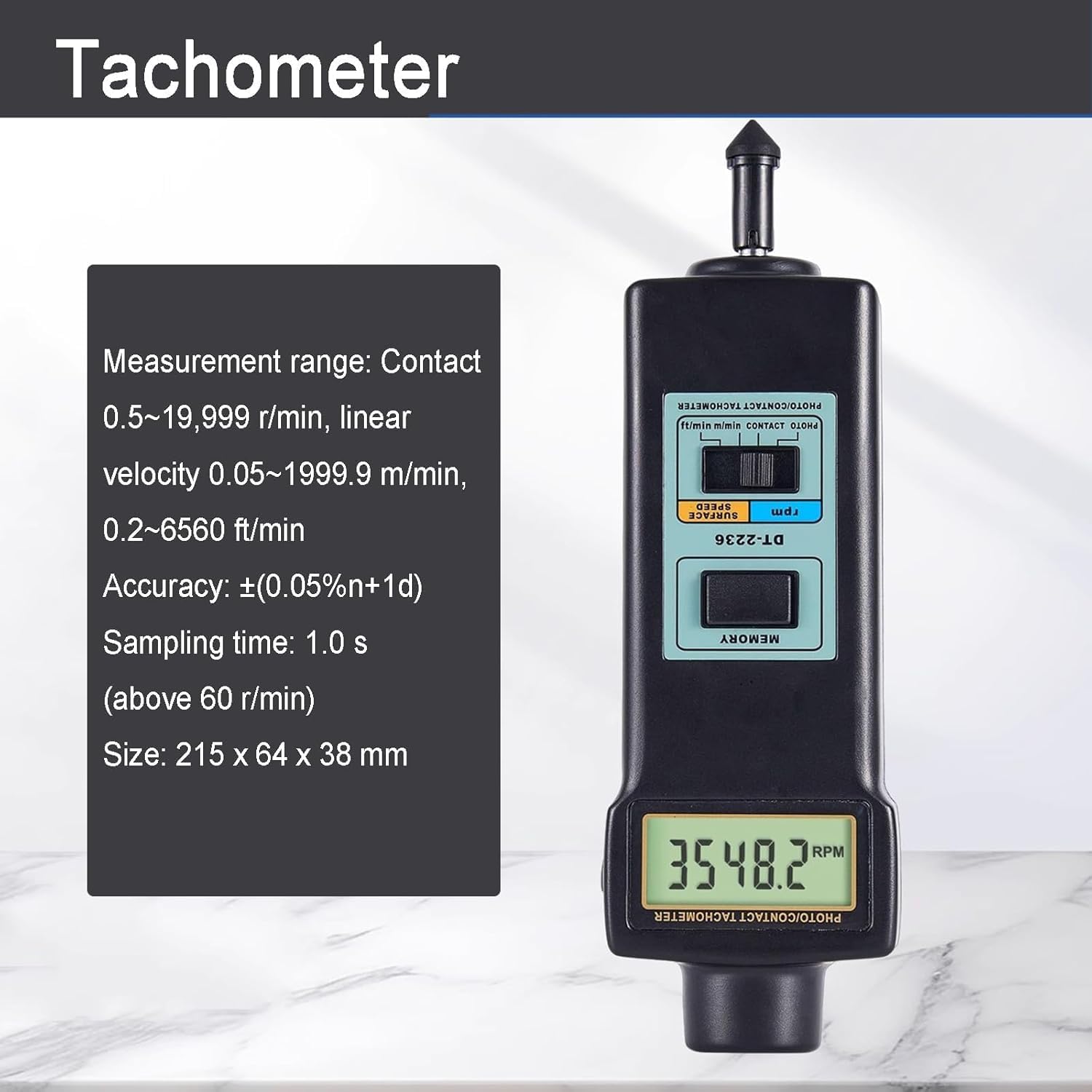 Tacómetro Digital 2 en 1, comprobador portátil de RPM con Contacto y fotográfico (2,5-99 999 RPM), con 4 sondas, Pantalla LCD, para Motores y Ventiladores.