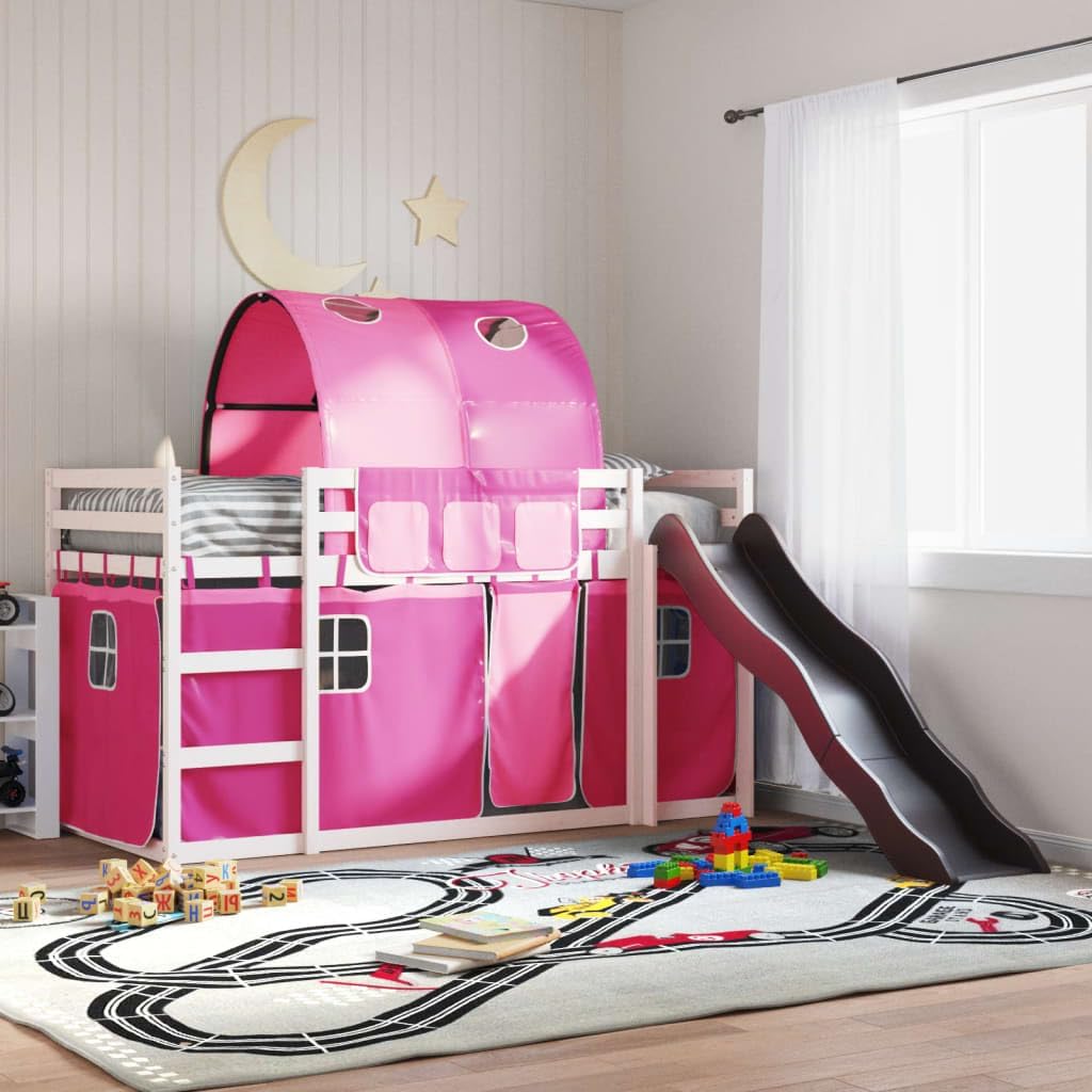 Single Bunk Bed with Slide, Pink Curtains, 90x190 cm, White Solid Pine Wood Frame, Kids Loft Bed for Playroom, Bedroom Fun, Durable Design