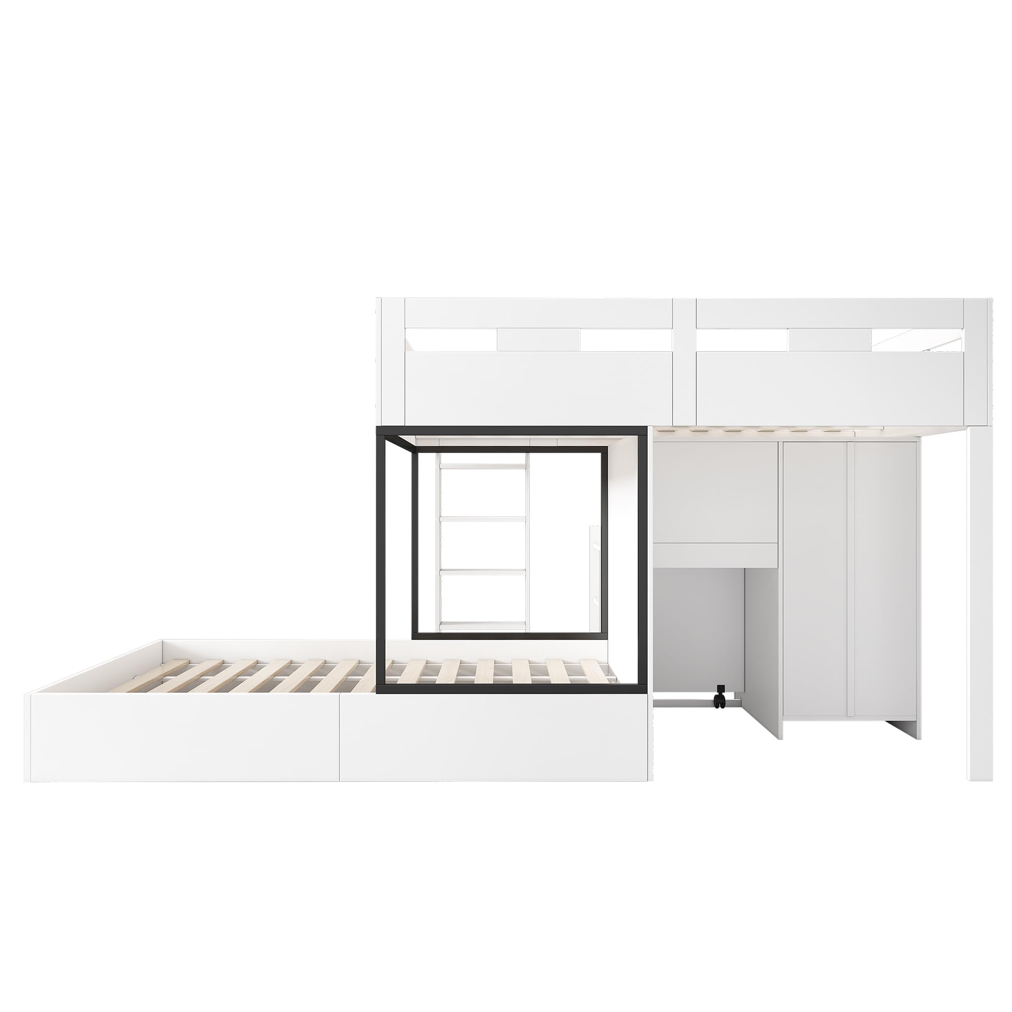 Moimhear Letto a castello con scrivania allungabile e armadio, letto a castello per bambini, con cassetto, ripiani e scale, senza materasso, 90 x 200 cm, bianco