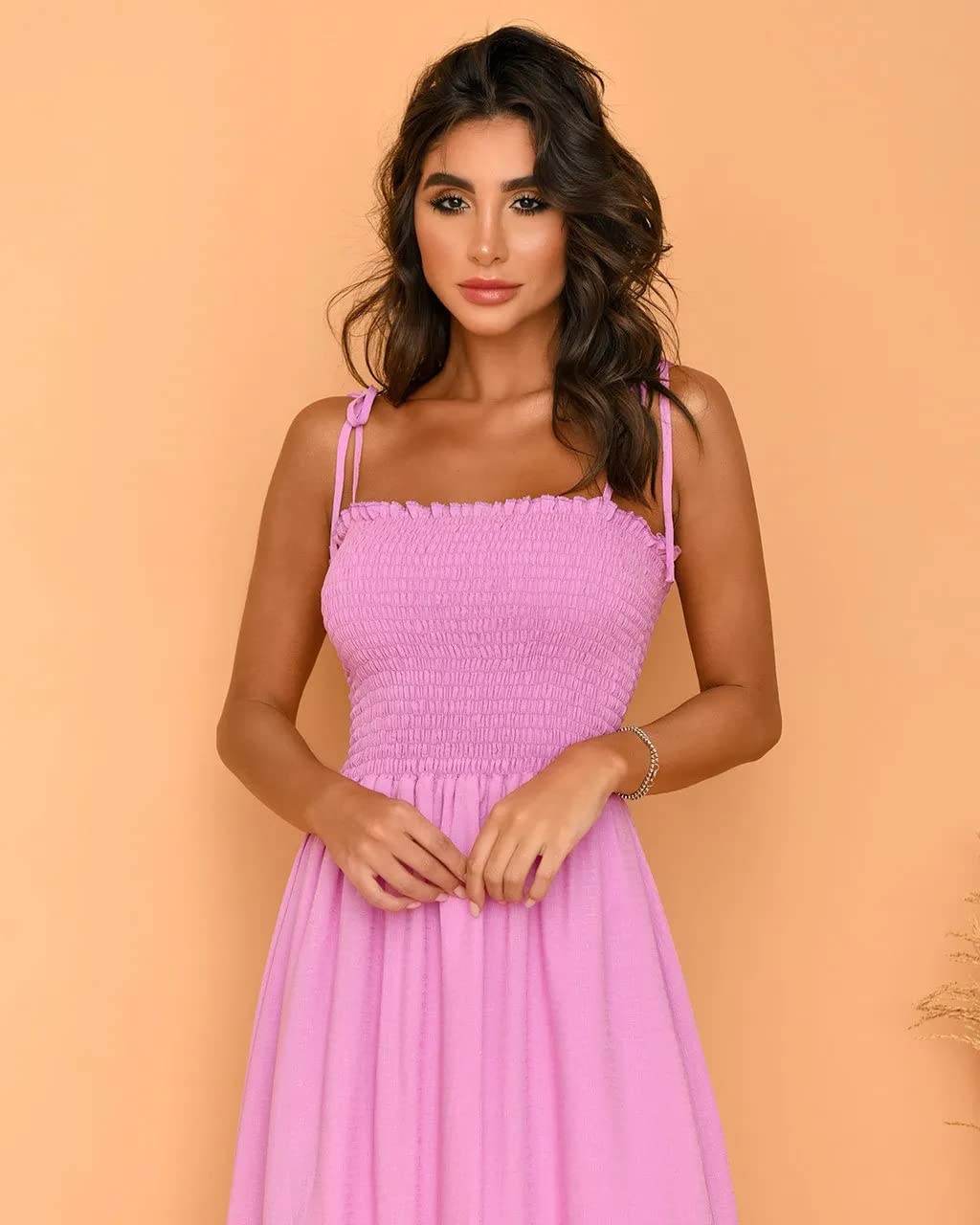 kinstell, Abito lungo lungo da donna, estivo, casual, bohémien, senza maniche, con spalline sottili, collo quadrato e volant, linea a trapezio, da spiaggia