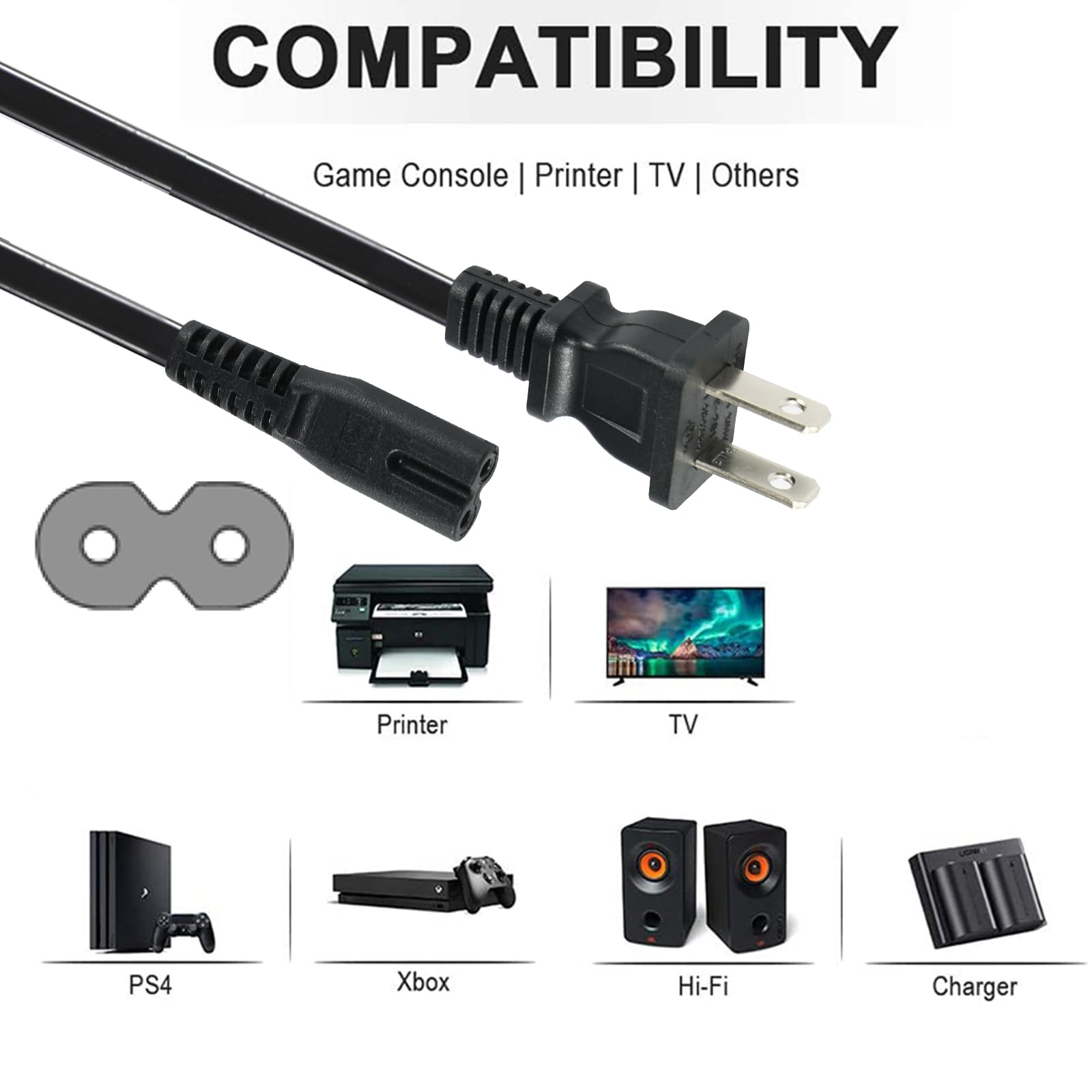 Amazon.com: TV Power Cord - 10FT/3M 2 Prong Non-Polarized Plug
