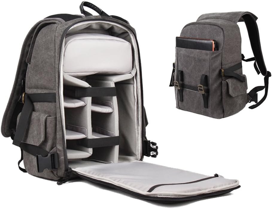 Shineda Water Resistant DSLR SLR Canvas Backpack Rucksack for Sony Nikon Canon, with Variable Compartments and 14 Inch Laptop Compartment (Dark Gray)