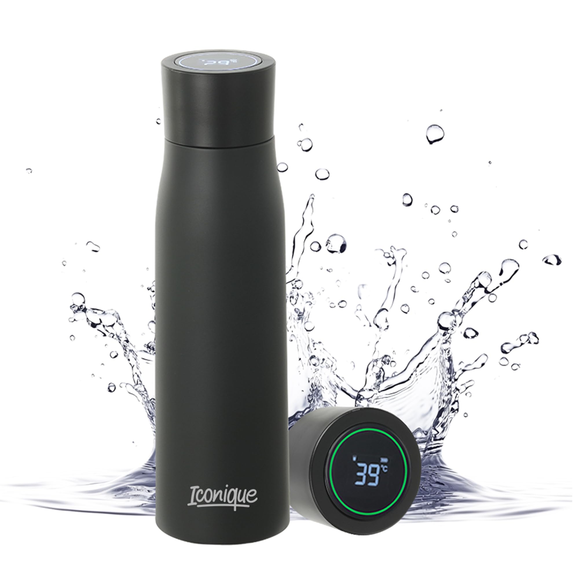 Iconique Waterfles Met UV Filter | Roestvrij Staal Zelfreinigende Waterzuiveraar Met LED Temperatuur Weergave En Functie | Ideaal Voor Kamperen, Wandelen, Reizen | 500ml | Zwart