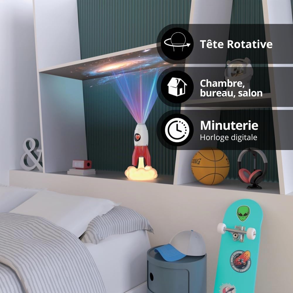 Xanlite - Veilleuse Projecteur LED Starlite - 4 Disques Interchangeables - Projection Planétariums - Horloge et Animations LED Intégrées - Rechargeable USB
