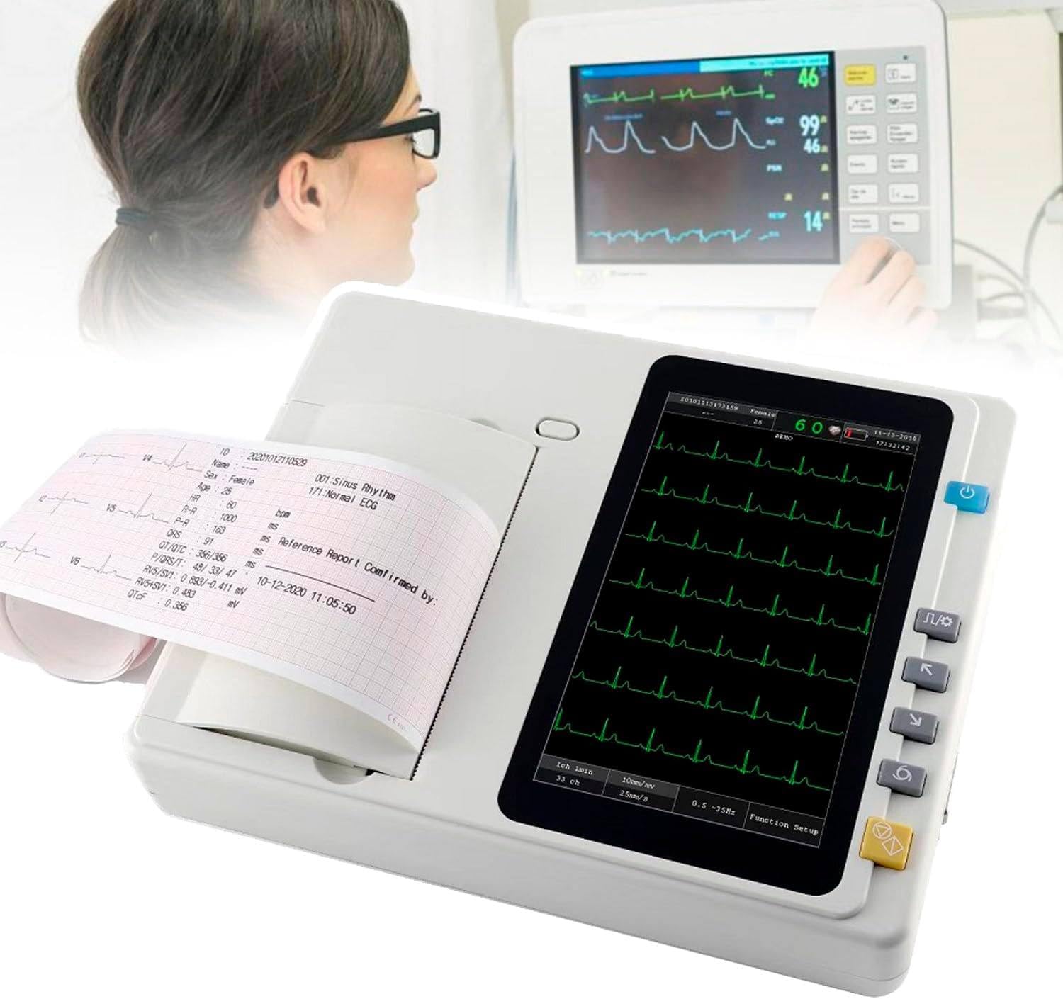 Monitor Cardiaco con Schermo LCD a Colori da 7 Pollici | Elettrocardiografo Portatile, 12 Derivazioni, 3 Canali, Aggiornamento Software Tramite USB/Scheda Sd