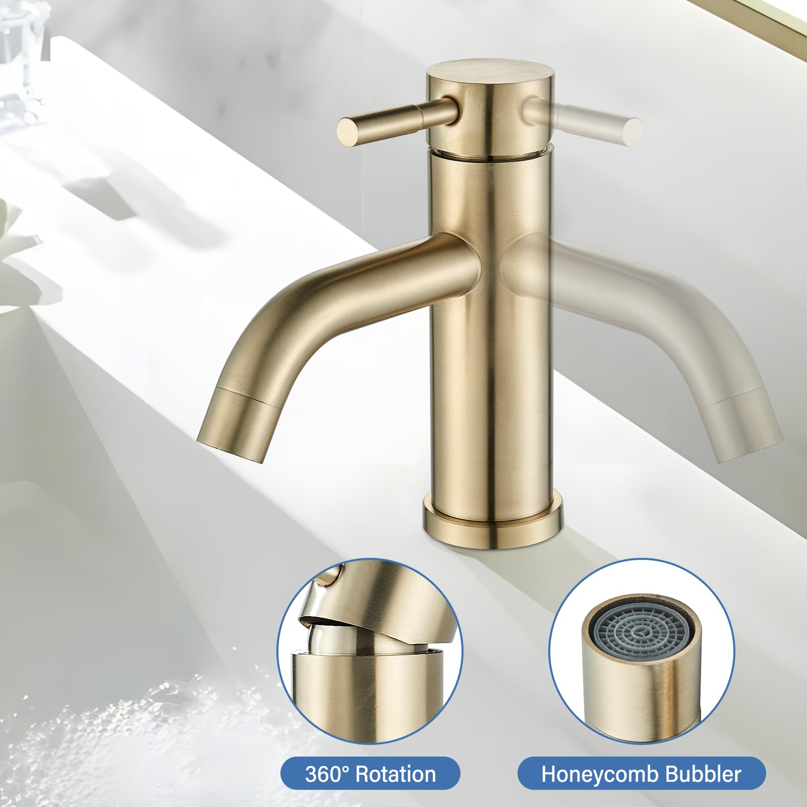 Robinet Salle de Bain Mitigeur de Lavabo Monocommande Robinet de Lavabo Réglable Chaud et Froid Aérateur Démontable Acier Inoxydable,Doré Brossé