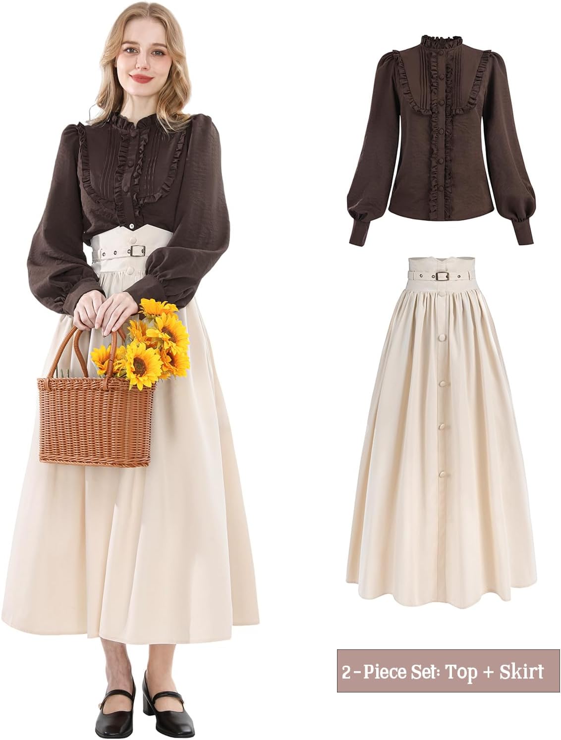 CR ROLECOS Victorian Dress for Women 1800s Edwardian Dress 2-Piece Renaissance Costume with Pocket