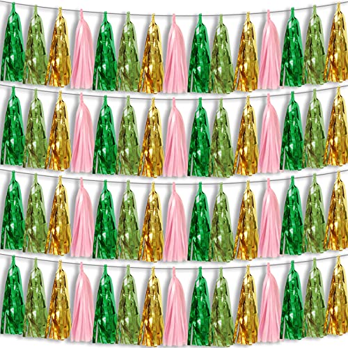Image of 4P Sage-Green Pink-Gold Foil Fringe Metallic Tassel Garland, Tassels Banner Streamers for Parade Floats, Bachelorette, Wedding, Birthday, Halloween, Christmas, Bridal /Baby Shower Party Decorations