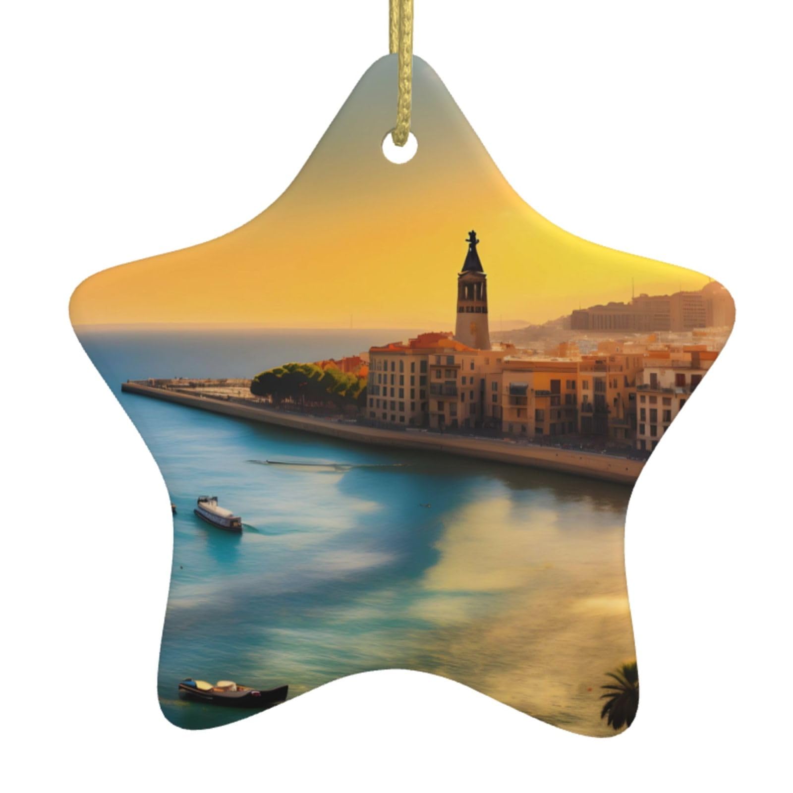 Sunset in Barcelona Christmas Ceramic Star Pendant with Punched Holes and Gold Wire Rope, Christmas Tree Home Decoration