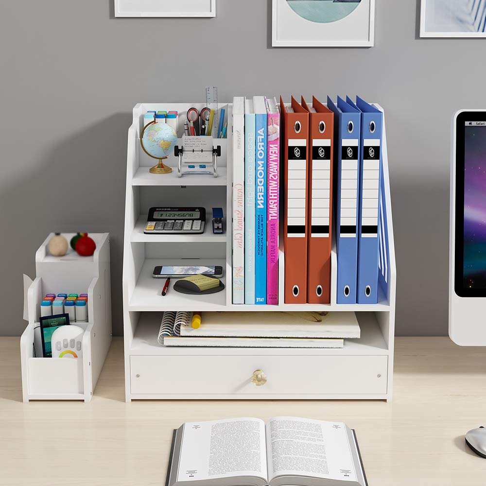 Schreibtisch-Organizer mit Stiftehalter und Schublade, Mehrzweck-Dokumentenablage, Schreibtischaufsatz, Aufbewahrungsregal, für Zuhause, Büro, Schule. Weiß (PB04)