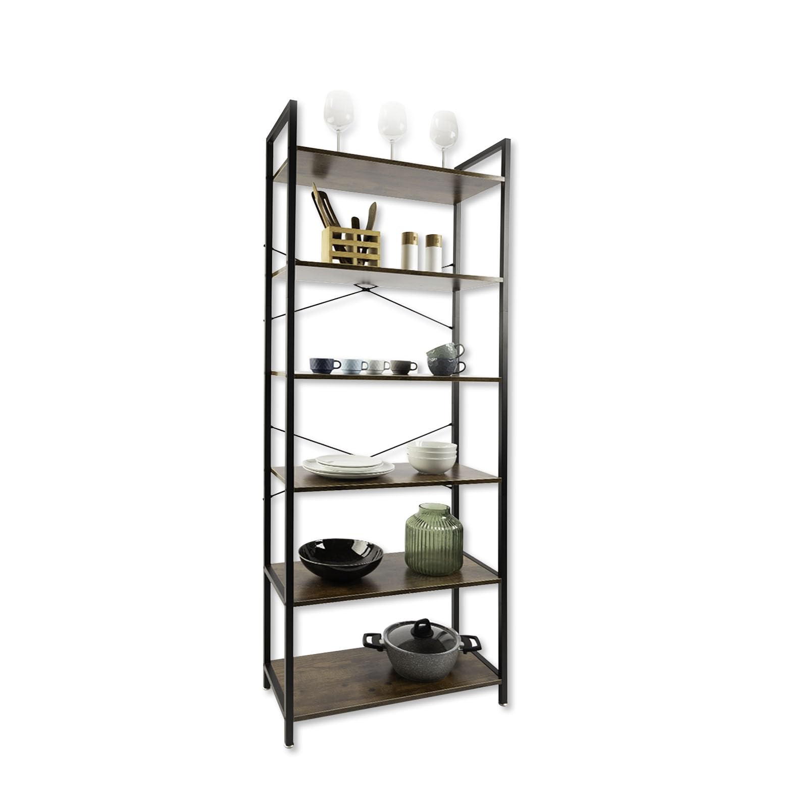 KARAT Boston - Estantería organizadora para oficina, cocina, salón, estudio con 6 niveles de acero y madera, estantería de pie, estantería para libros o cocina, estantería de oficina (30 x 80 x 186