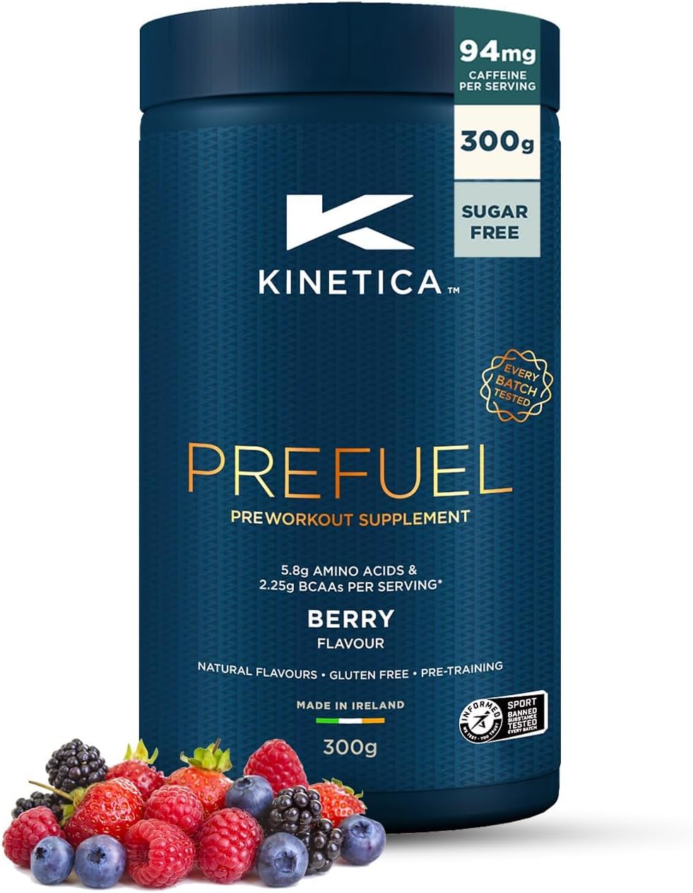 – Kinetica Sports Prefuel Pre Workout -Berry Flavour | 5.8g Amino Acids Blend, 2.25g BCAA's & 94mg Caffeine/Serve, 30 Servings/300g| With Essential Vitamins, Minerals|Supports Performance & Energy Boost