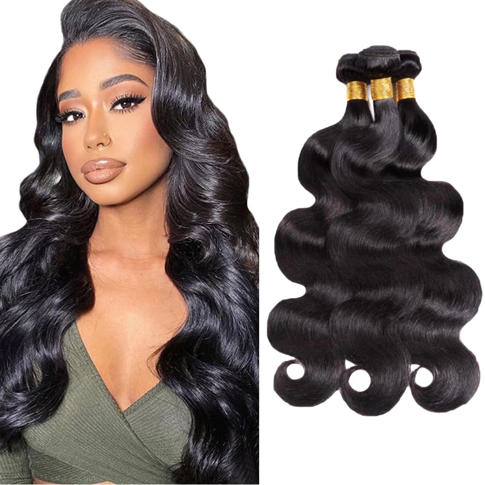 Photo 1 of 1B Bundles Human Hair Body Wave Human Hair Bundles 26 28 30 Inch Unprocessed Virgin Natural Black Body Wave Bundle Human Hair Extensions 50 Gram Per Bundle