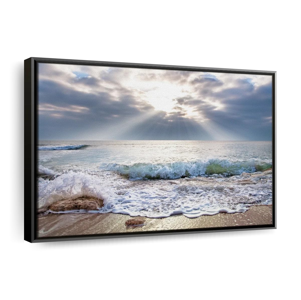 Elephant Stock Ocean At Sunrise Wall Art - Horizontal Framed Canvas - 1-Piece Living Room Wall Decor - Photography Beach Canvas Print - Beige and Blue Decor for Wall - 13