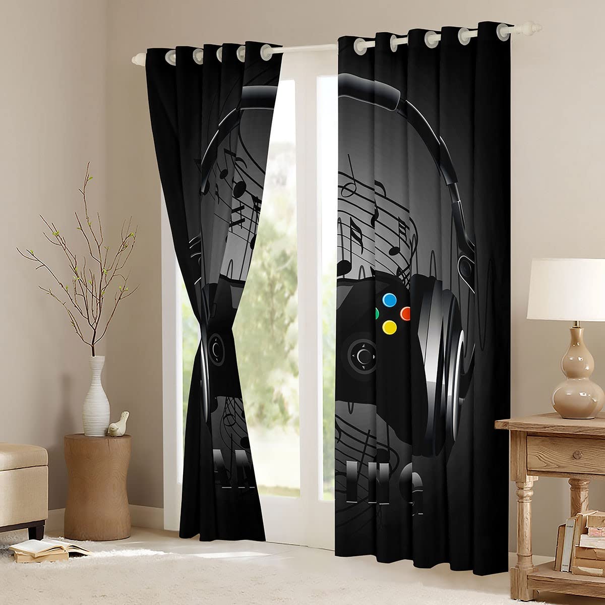 Loussiesd Gaming Curtains Black Grey Gamer Curtain for Boys Bedroom Music Headphones Notes Window Drapes Kids Teens Video Game Controller Home Decor Texture Curtains W46*L72 - Image 3