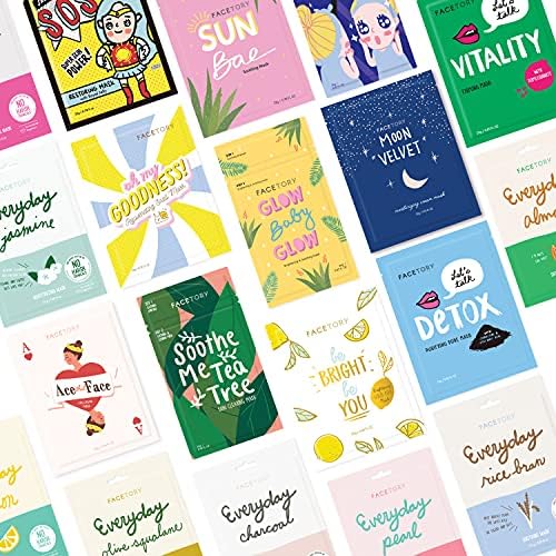 FACETORY 19 Facial Sheet Mask Collection - Korean Skin Care Sheet Mask Pack of 19 - Hydrating, Moisturizing, Soothing, and Radiance Boosting - For All Skin Types, Variety Pack of 19 Sheet Masks