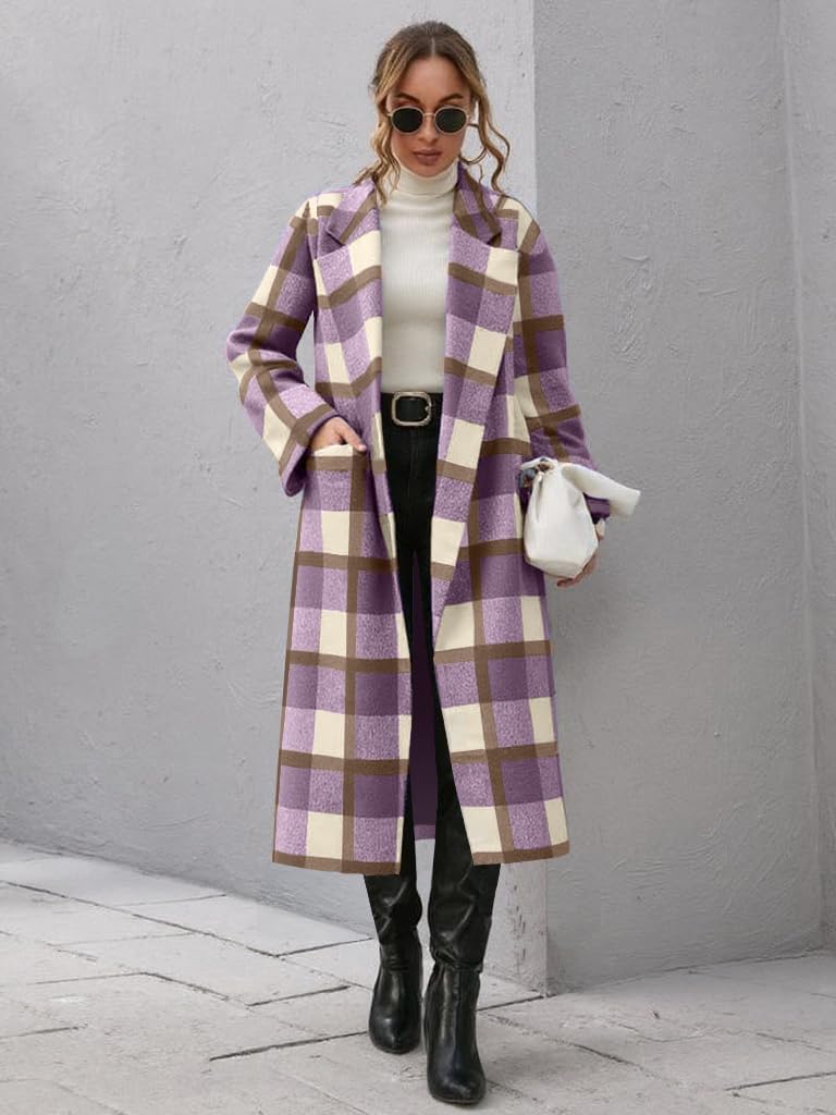 Women's Plaid Wool Coat Shacket Jacket Casual Long Sleeve Laple Button Down Flannel Trench Coats