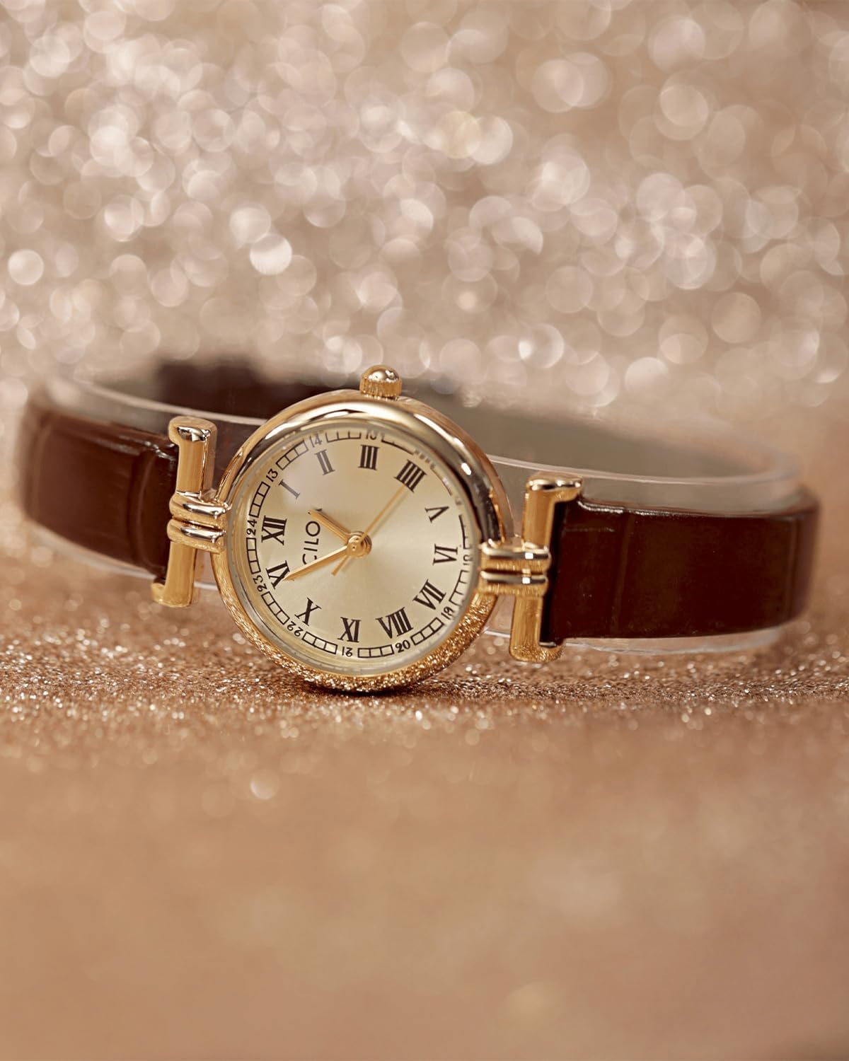 CILOA Women's Watches Gold Vintage Roman Numeral Dial Waterproof Watch for Women Luxury Small Wristwatch with Stainless Steel Leather Band - Image 4