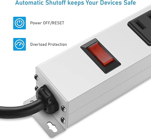 Vista 5 de JUNNUJ Metal 12 Outlet Power Strip, Mountable Heavy Duty Power Strip, 1200J Surge Protector Wall Mount Screws Outlet with Switch, Gaming Desk Strips