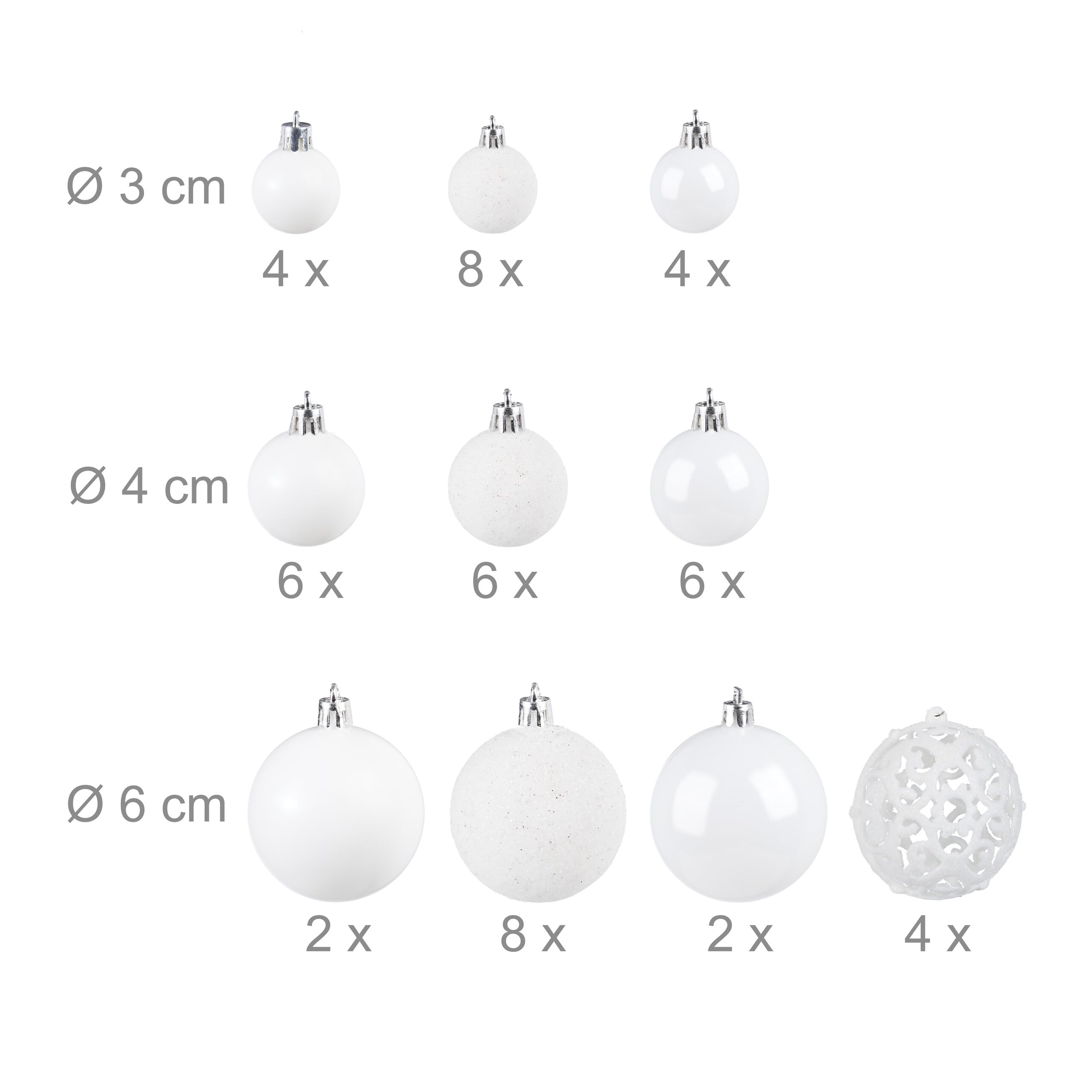 Relaxdays Palline di Natale, Set da 50, Addobbi Natalizi, Opache, Lucide, Glitterate, ∅ 3,4 e 6 cm, Decorazioni, Bianco
