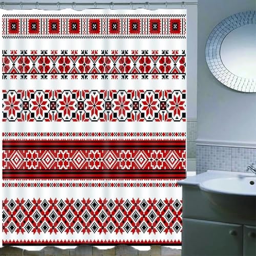 Rideau de douche textile rouge et blanc ethnique en polyester imperméable - 4