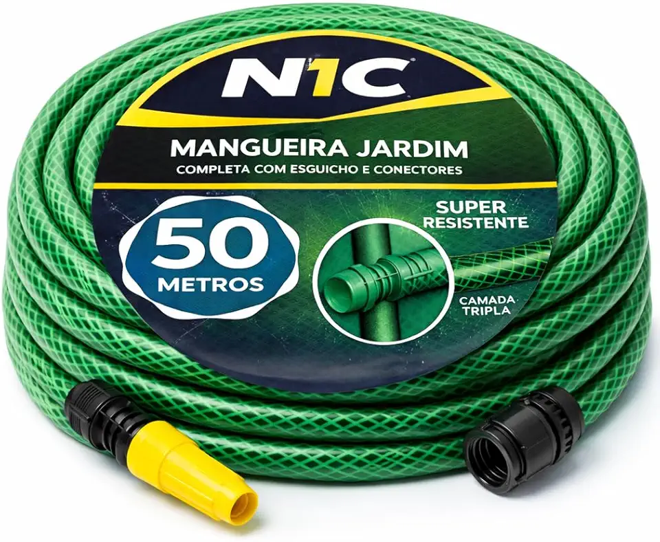 Kit Mangueira de Jardim Trançada Reforçada 50 Metros, Tripla Camada, Antitorção, com Esguicho Regulável e Conector
