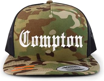 Trendy Apparel Shop Compton City Old English Embroidered 5 Panel Flatbill Trucker Mesh Cap