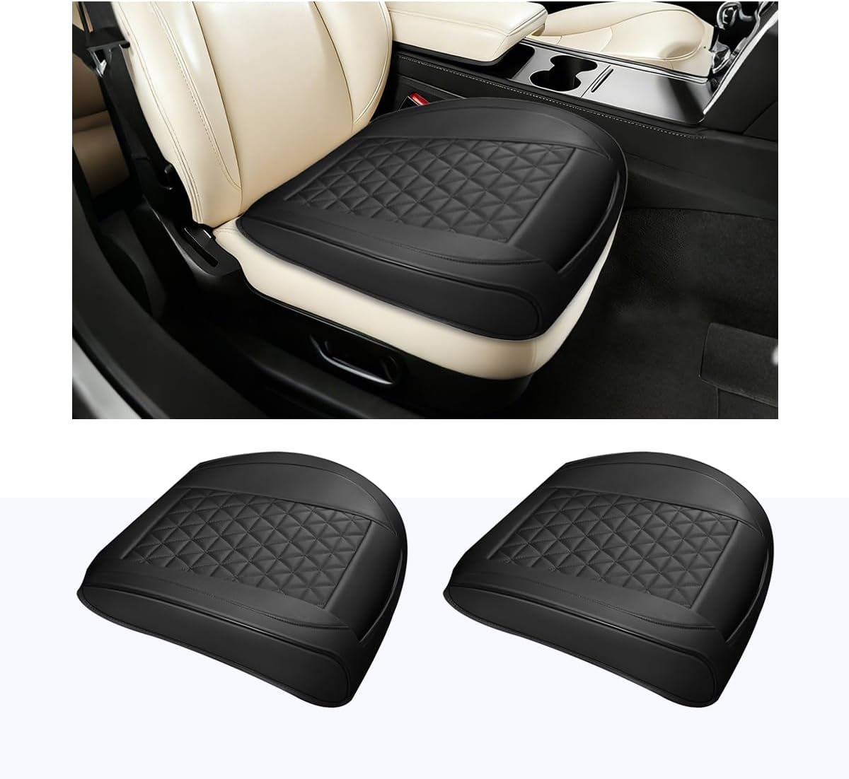 2PCS Leather Car Front Seat Cover, Anti-Slip & Full Wrap Driver Vehicle Seat Bottom Cushion Pad with Storage Pockets, Breathable Comfortable Automotive Chair Protector, Universal Fit (Black)