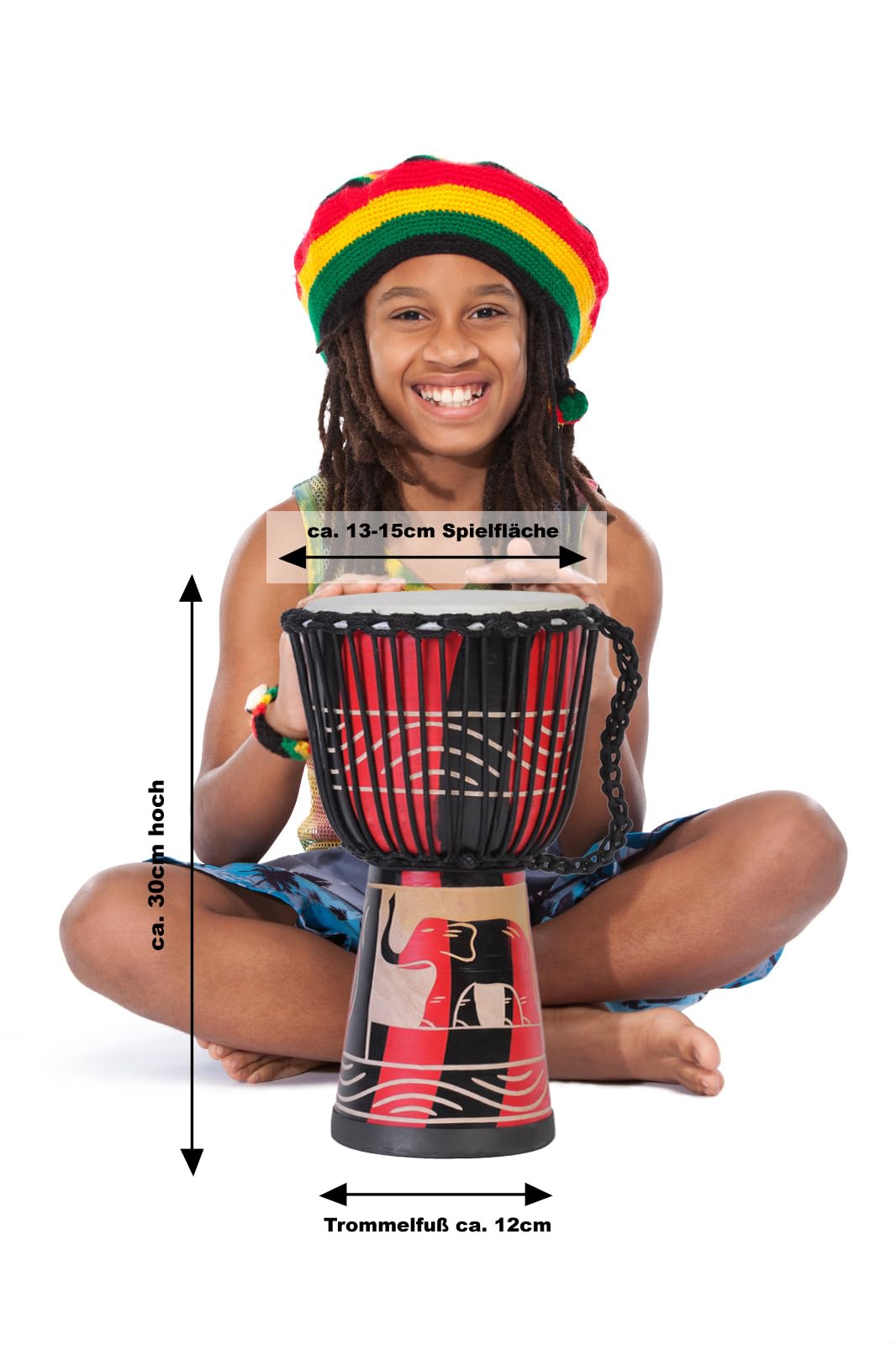 30cm tamburo djembe professionale bongo drum bush drum percussione motivo elefante rosso - (per bambini in età da scuola materna)