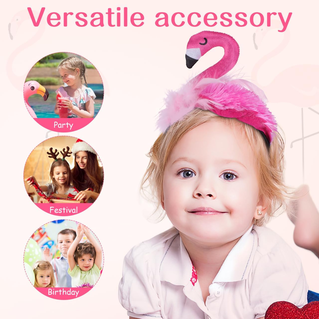 Toyvian Pink Plush Flamingo Headband, Cute Tropical Luau Party Supplies Funny Hawaiian Hair Hoop Costume Accessory for Women Girls Birthday Cosplay Photo Booth Props