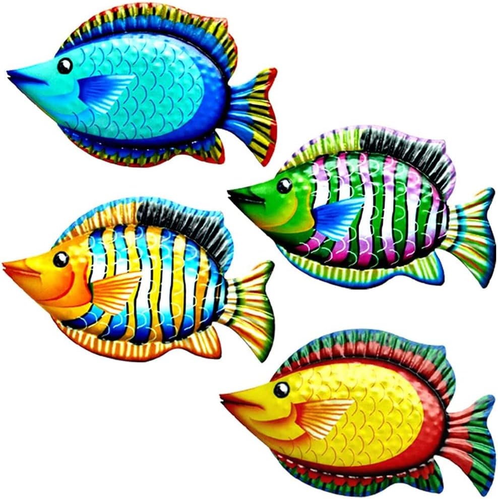 Metal Fish Wall Decor 11.8'' Metal Colorful Tropical Fishes 3D Outdoor Sculpture Indoor Outside Beach Ocean Theme Metal Wall Art Decor for Bathroom Living Room Patio Pool Yard Fence Wall Decorations