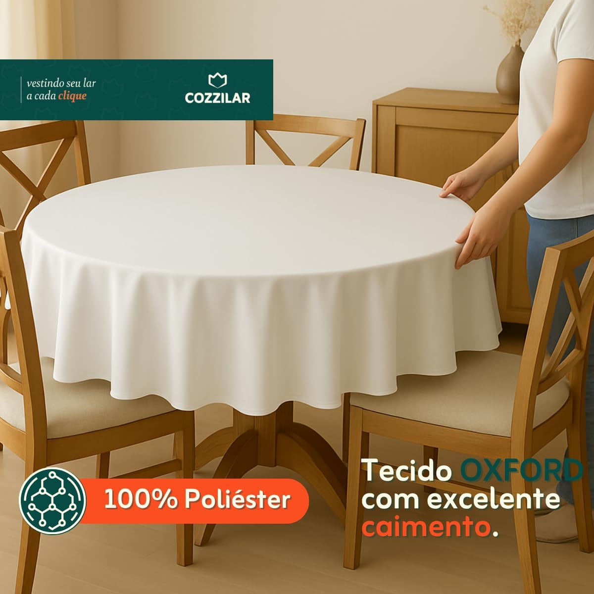 Toalha De Mesa Redonda 4 Lugares 1,40m Tecido Oxford Liso Leve e Resistente Cozzilar (Branca)