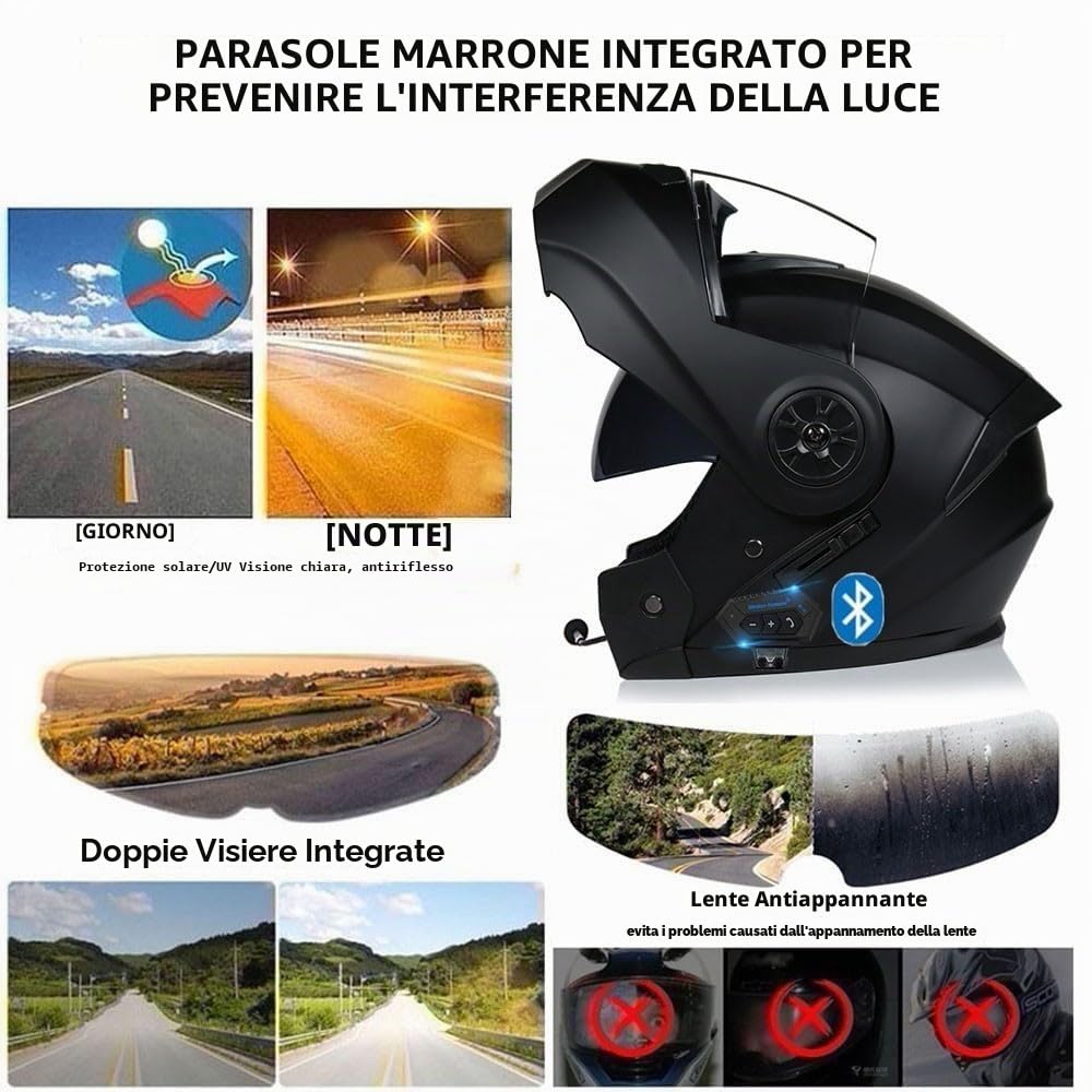 Casco Moto Casco Modulare Bluetooth per Motociclisti per Adulti, Donne E Uomini, Casco Integrale da Moto con Interfono Bluetooth da 150 M, Approvato ECE