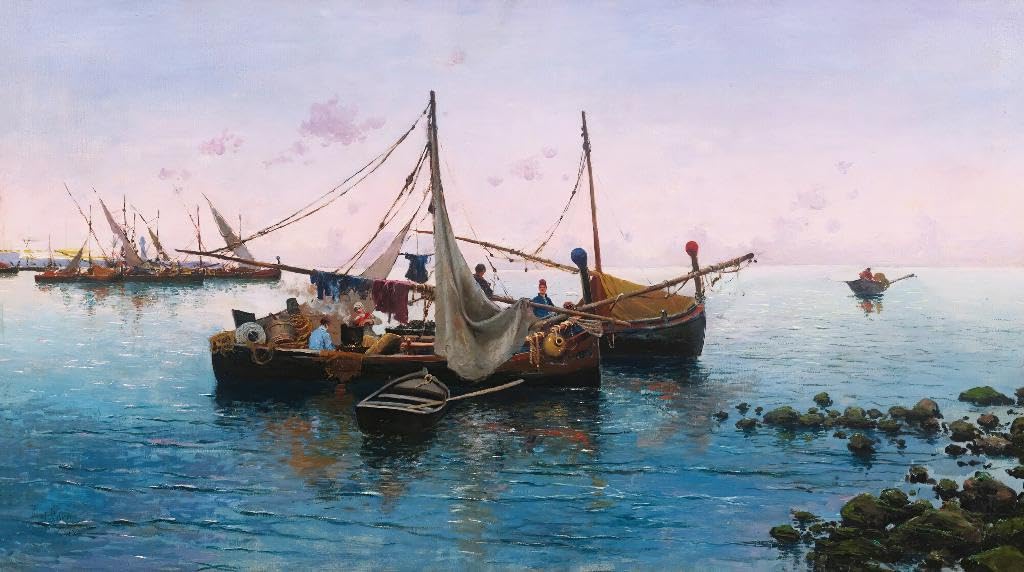 Framed Canvas Wall Painting - In The Harbor By Blas Olleros Quintana - Art Print for Home & Office Wall Decor.|26 Inches X 14 Inches||PRT_9495-26-14|