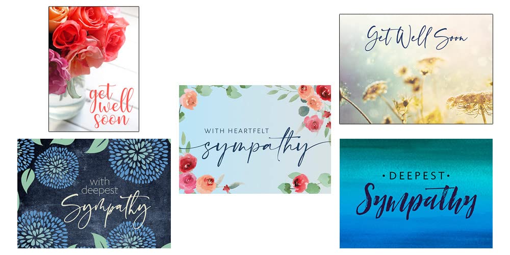 Sympathy Cards with Envelopes and Get Well Variety Set (25 Bulk Pack – 5 Designs) Elegantly Designed Condolence Cards with Envelopes (5x7 inch - A7)
