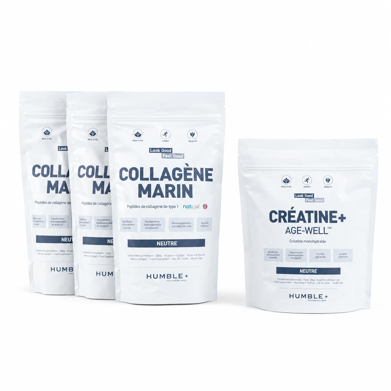 HUMBLE+ Pack Bien Vieillir 3 Mois - Collagène Naticol + Créatine - 2 kg | Peptides Marins & Monohydrate en Poudre - Programme sur Plusieurs Semaines - Complément Alimentaire - Marque Française